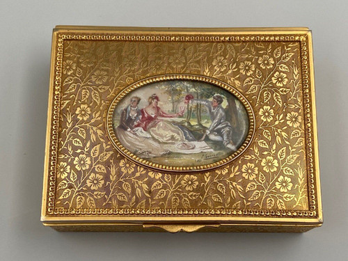 Miniature bronze box signed S. Guerou or Gueron Romantic scene