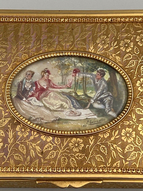 Miniature bronze box signed S. Guerou or Gueron Romantic scene