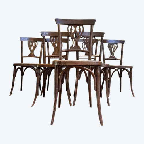 Set of 7 Baumann / Thonet / Fischel caned bistro chairs