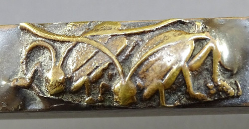 Japan, 1930s/1950s, Bronze inkwell with relief decoration of a figure and a dragon.