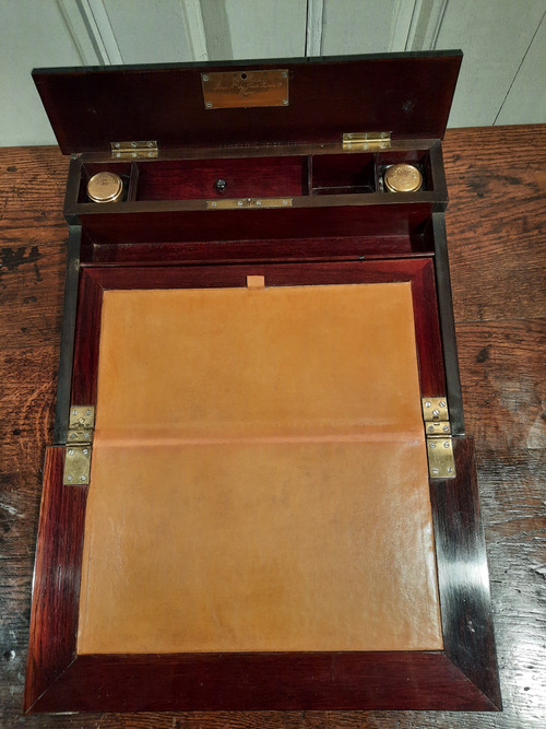 Marquetry travel writing case signed Ch. Fortin, Napoleon III period.