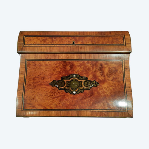 Marquetry travel writing case signed Ch. Fortin, Napoleon III period.