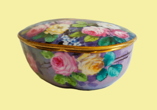Hand Painted Porcelain Box Decorated With Birds And Roses 1900