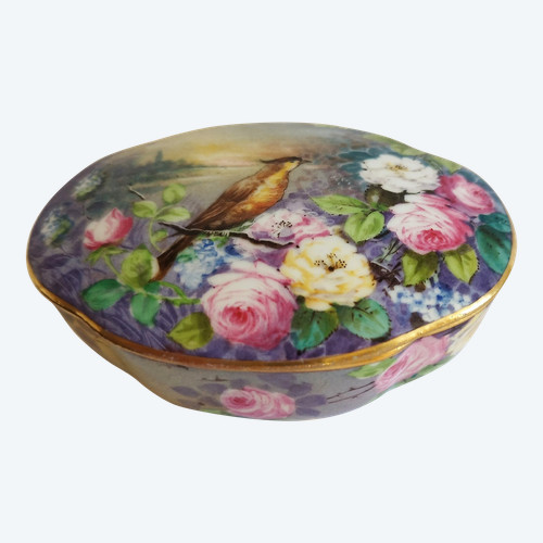 Hand Painted Porcelain Box Decorated With Birds And Roses 1900