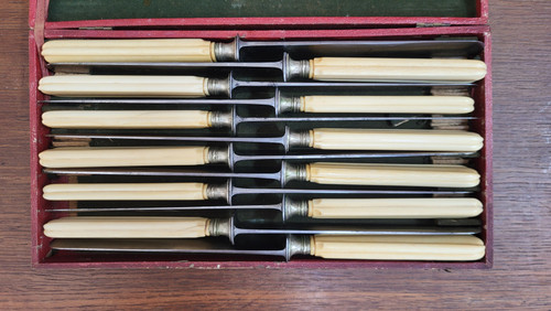 12 table knives, steel blade and ivory handle