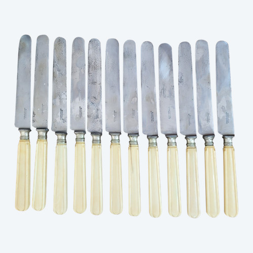12 table knives, steel blade and ivory handle