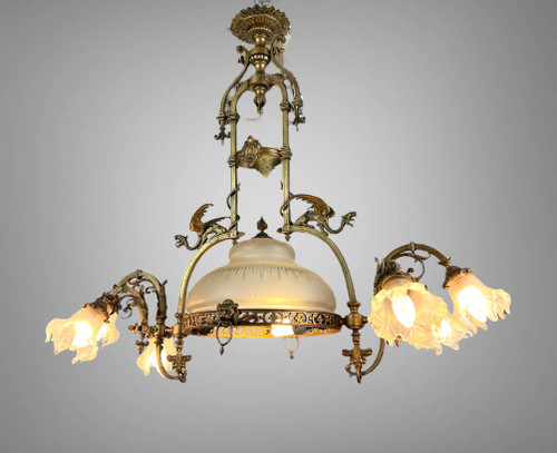 GRAND LUSTRE A 8 LUMIÈRES EN BRONZE A DÉCOR DE DRAGONS AVEC VERRERIE D ORIGINE