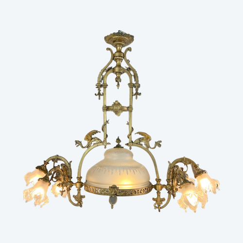 GRAND LUSTRE A 8 LUMIÈRES EN BRONZE A DÉCOR DE DRAGONS AVEC VERRERIE D ORIGINE