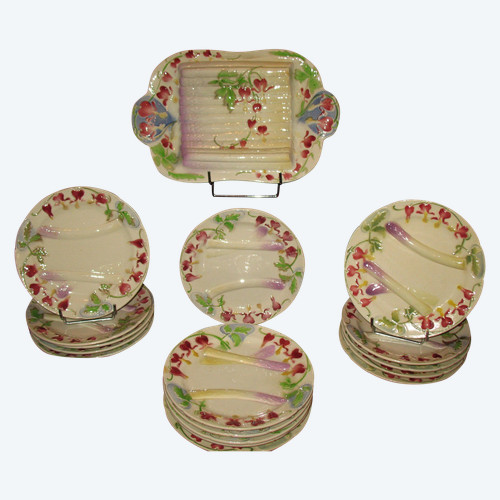 17-piece asparagus set in Saint Clément barbotine with floral decoration, Art Nouveau period