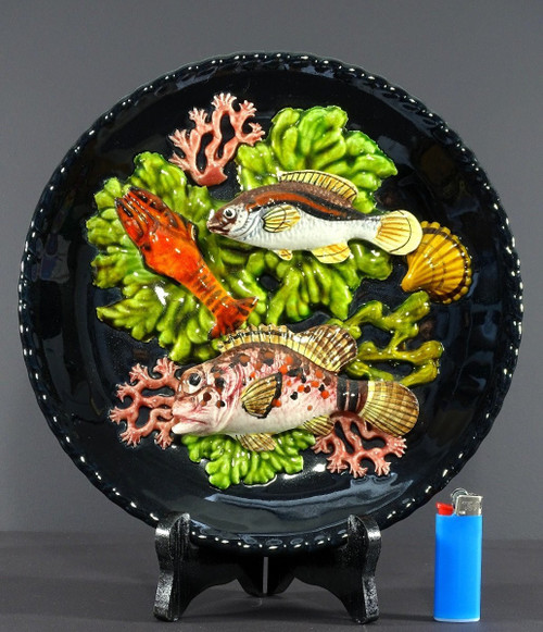 Vallauris, 1950s, Earthenware Plate Decorated With Fish, A Langoustine And Corals.