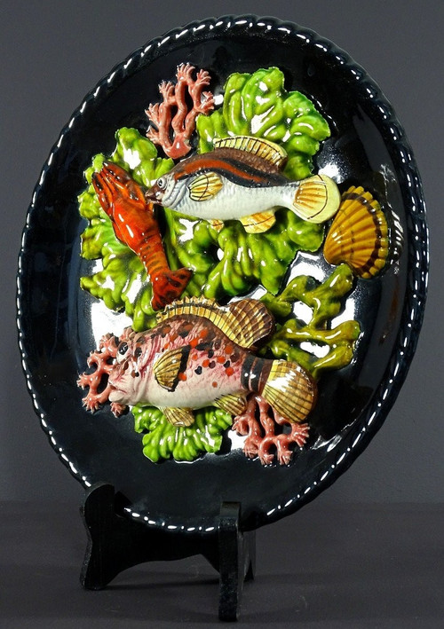 Vallauris, 1950s, Earthenware Plate Decorated With Fish, A Langoustine And Corals.