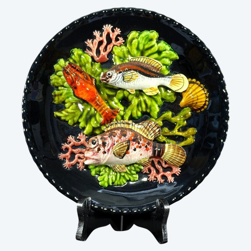 Vallauris, 1950s, Earthenware Plate Decorated With Fish, A Langoustine And Corals.