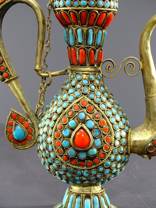 Tibet, 1920s/1930s, Repoussé Copper Ewer Decorated With Red And Blue Enamel Beads.