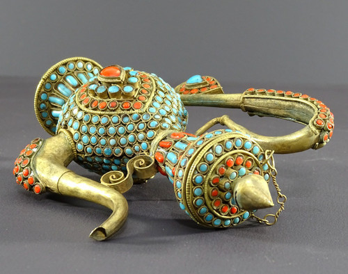 Tibet, 1920s/1930s, Repoussé Copper Ewer Decorated With Red And Blue Enamel Beads.