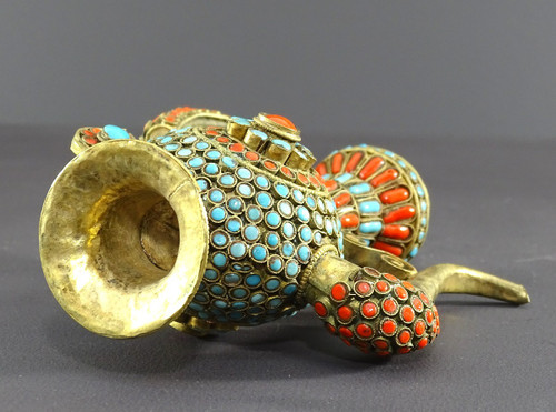 Tibet, 1920s/1930s, Repoussé Copper Ewer Decorated With Red And Blue Enamel Beads.