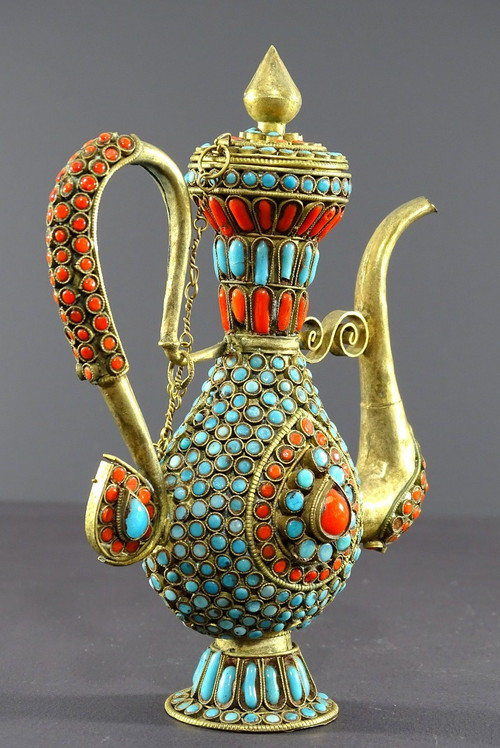 Tibet, 1920s/1930s, Repoussé Copper Ewer Decorated With Red And Blue Enamel Beads.