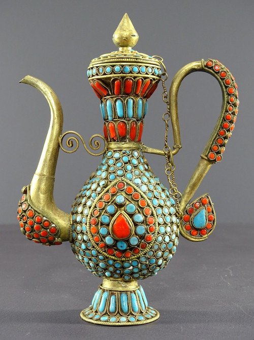 Tibet, 1920s/1930s, Repoussé Copper Ewer Decorated With Red And Blue Enamel Beads.