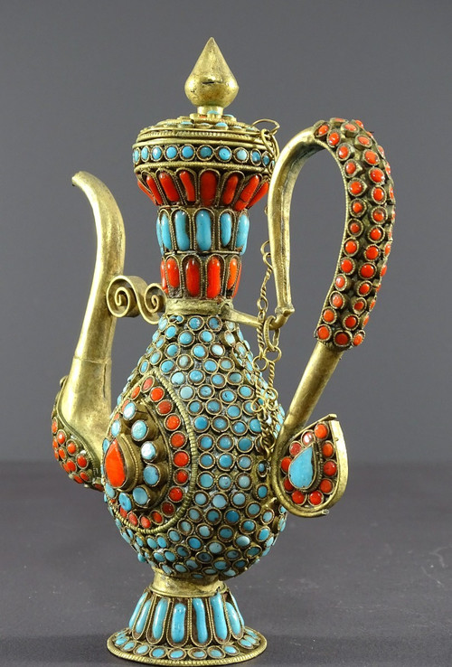Tibet, 1920s/1930s, Repoussé Copper Ewer Decorated With Red And Blue Enamel Beads.