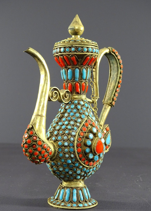 Tibet, 1920s/1930s, Repoussé Copper Ewer Decorated With Red And Blue Enamel Beads.