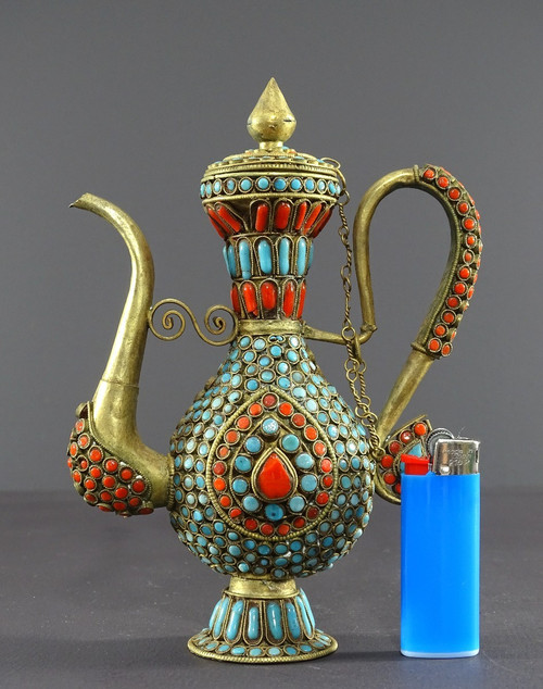 Tibet, 1920s/1930s, Repoussé Copper Ewer Decorated With Red And Blue Enamel Beads.