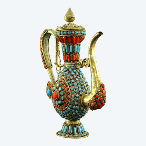Tibet, 1920s/1930s, Repoussé Copper Ewer Decorated With Red And Blue Enamel Beads.