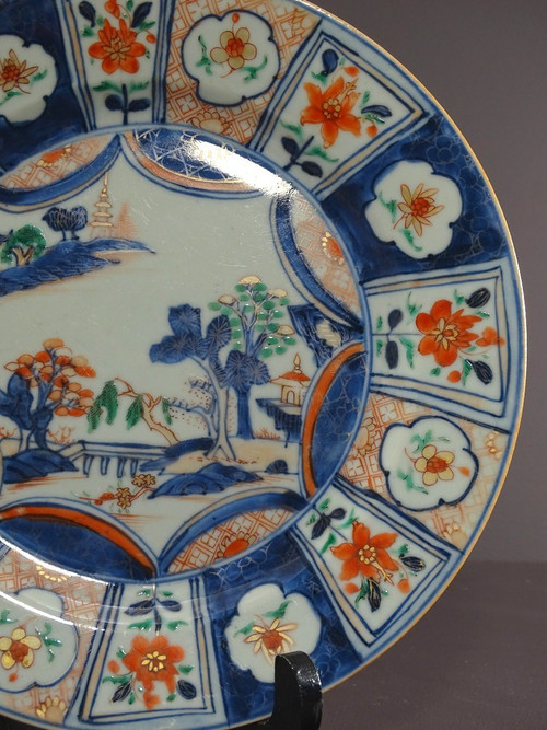 China 18th Century, Porcelain Dish Featuring Imari Decor of a Pagoda in a Garden.