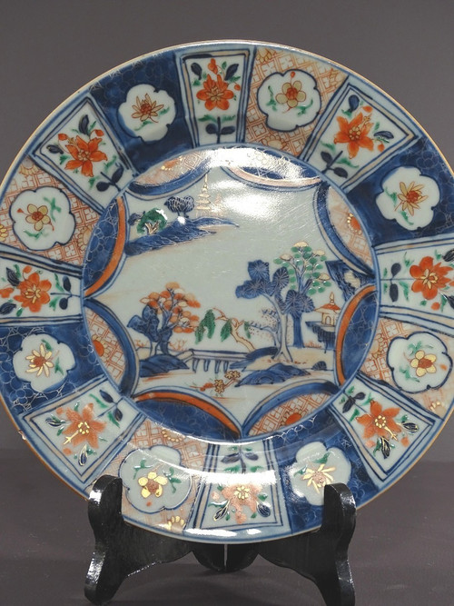 China 18th Century, Porcelain Dish Featuring Imari Decor of a Pagoda in a Garden.