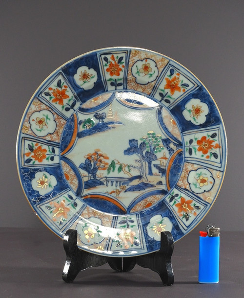 China 18th Century, Porcelain Dish Featuring Imari Decor of a Pagoda in a Garden.