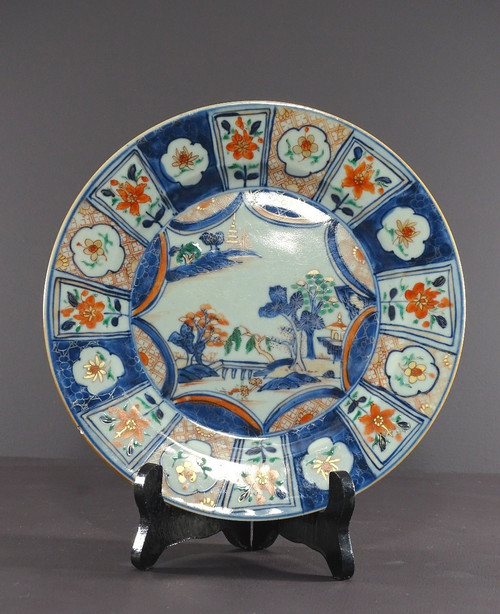 China 18th Century, Porcelain Dish Featuring Imari Decor of a Pagoda in a Garden.
