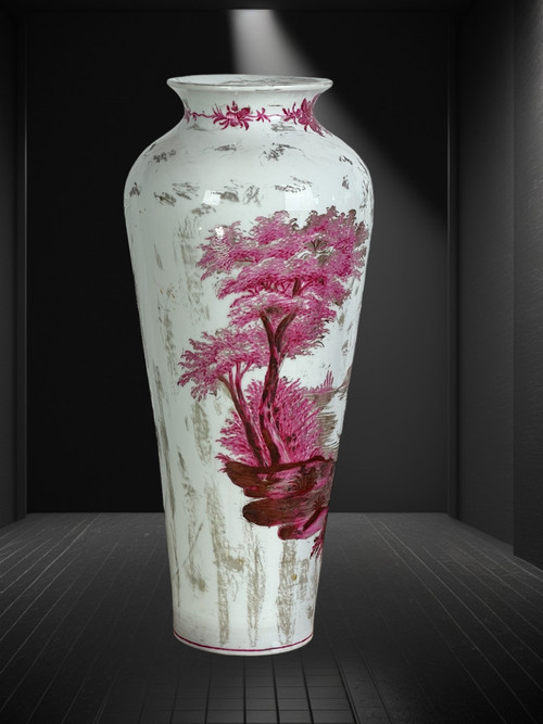 OLD CERAMIC VASE SIGNED BY MARIE HARNDOFF WITH LAKE DECOR, 41 CM