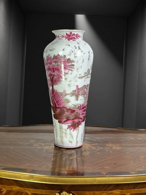 OLD CERAMIC VASE SIGNED BY MARIE HARNDOFF WITH LAKE DECOR, 41 CM