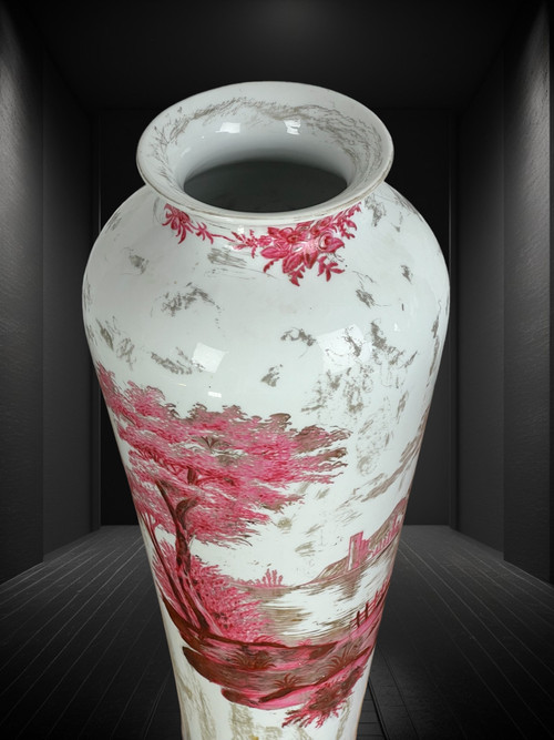 OLD CERAMIC VASE SIGNED BY MARIE HARNDOFF WITH LAKE DECOR, 41 CM