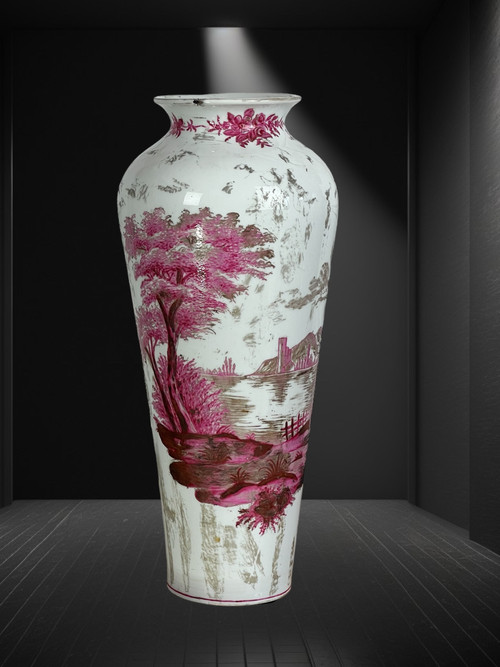 OLD CERAMIC VASE SIGNED BY MARIE HARNDOFF WITH LAKE DECOR, 41 CM