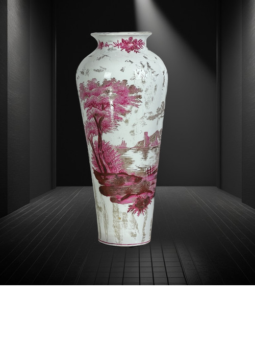 OLD CERAMIC VASE SIGNED BY MARIE HARNDOFF WITH LAKE DECOR, 41 CM