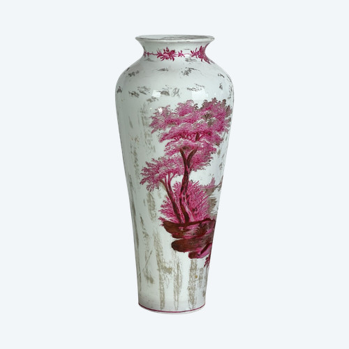 OLD CERAMIC VASE SIGNED BY MARIE HARNDOFF WITH LAKE DECOR, 41 CM