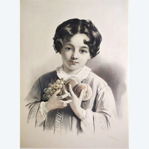 Portrait De Jeune Garçon Ou Allégorie De l'Automne Par Emile Lassalle Lithographie 19ème