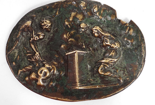 Ovales Plättchen Medaille Bronze Verkündigung Jungfrau Gabriel Italien XVI.