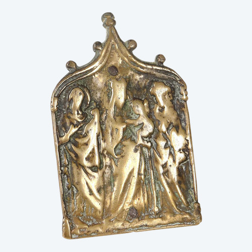 Plaque Bas-relief Baiser Paix Osculatoire Bronze Vierge Enfant Jésus 15th century