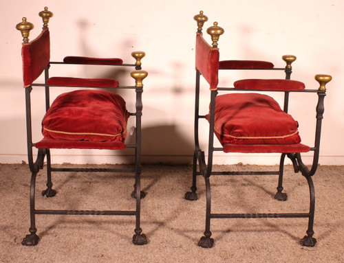 Paire De Fauteuils Curule En Fer Forgé Et Bronze
