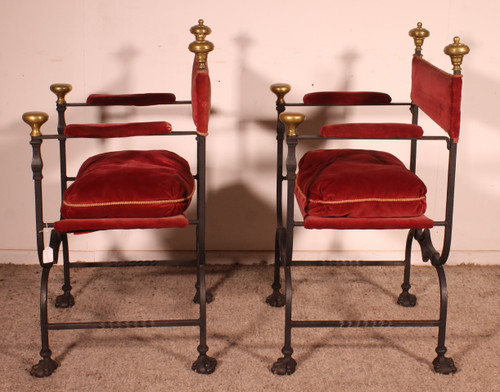Paire De Fauteuils Curule En Fer Forgé Et Bronze