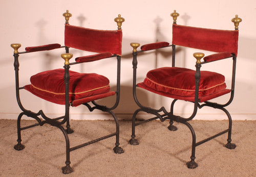 Paire De Fauteuils Curule En Fer Forgé Et Bronze