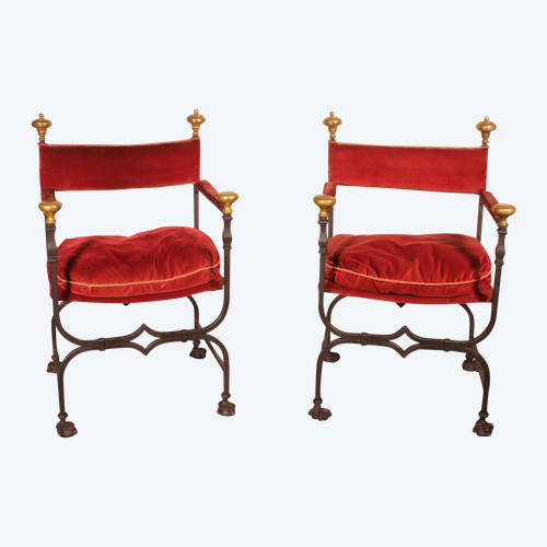 Paire De Fauteuils Curule En Fer Forgé Et Bronze