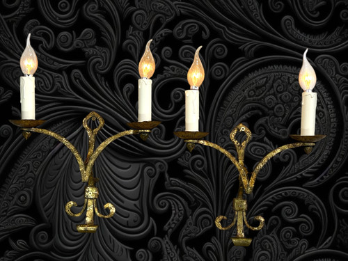 PAIR OF WALLLIGHTS BY ROBERT AND ROGER THIBIER 20th CENTURY IN GILDED AND MARTELLED IRON