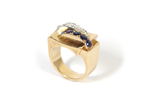 Bague tank saphirs diamants en or 18k, saphirs et diamants, bague rétro, bijoux tank, bijoux anciens