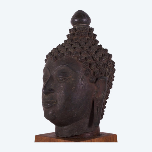 Grande testa di Buddha in bronzo Lan Na
