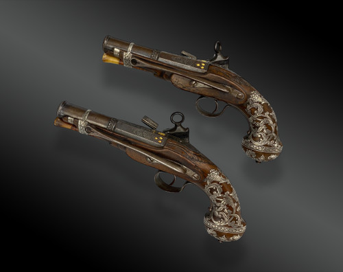 Coppia di pistole di lusso a pietra focaia di Joseph LLINAROS Spagna circa 1800
