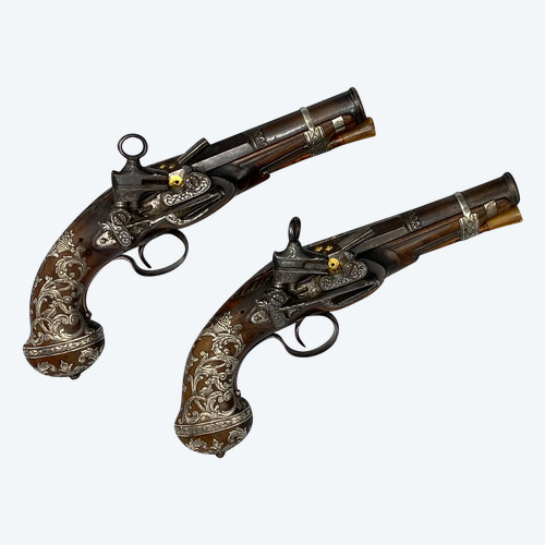 Coppia di pistole di lusso a pietra focaia di Joseph LLINAROS Spagna circa 1800