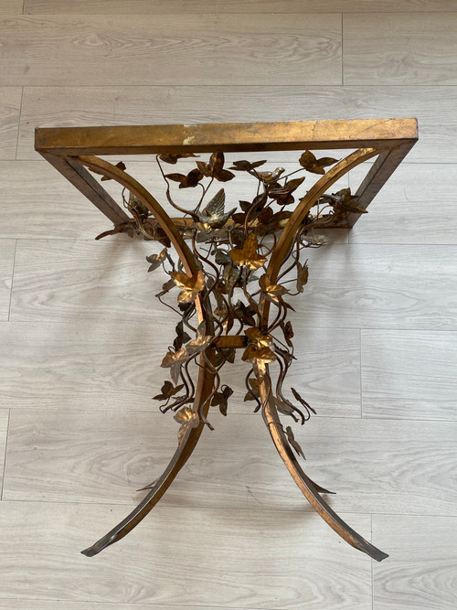 1970′ Guéridon En Fer Patiné Decor Végétal Aux Oiseaux 525 X 525 cm Hauteur : 60 cm