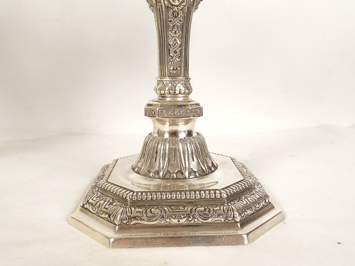 Coppia di candelabri a 2 luci Luigi XIV Christofle Dupérier Metallo argentato XX secolo