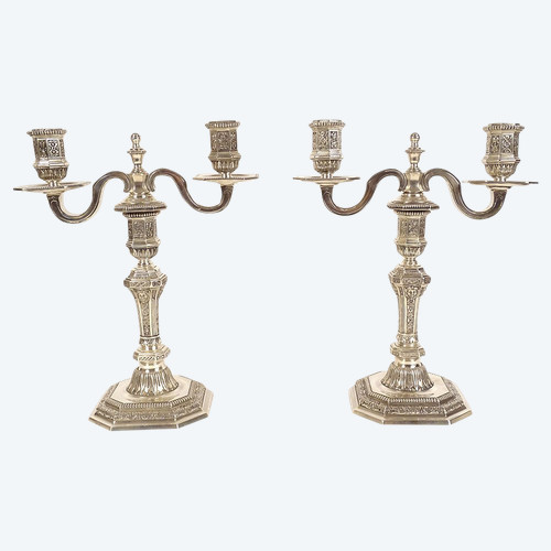 Coppia di candelabri a 2 luci Luigi XIV Christofle Dupérier Metallo argentato XX secolo